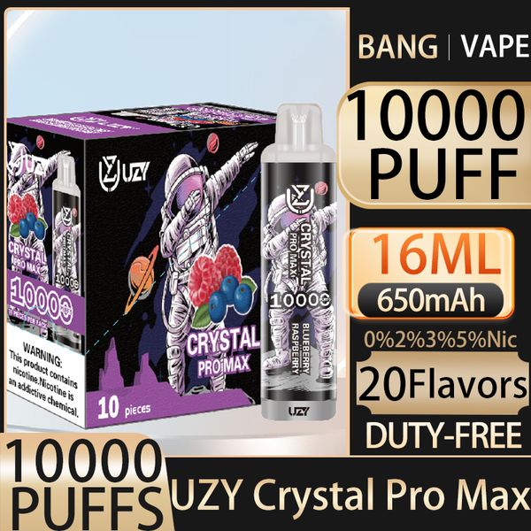 Uzy Crystal Pro Max 10000 Puff Disposable E Cigarettes Pouffle 10k Vape Mesh Coil 16 ML POD Batterie Cigs de cigarettes électroniques rechargeables 20 FLAVORS RBG LUMIÈRE