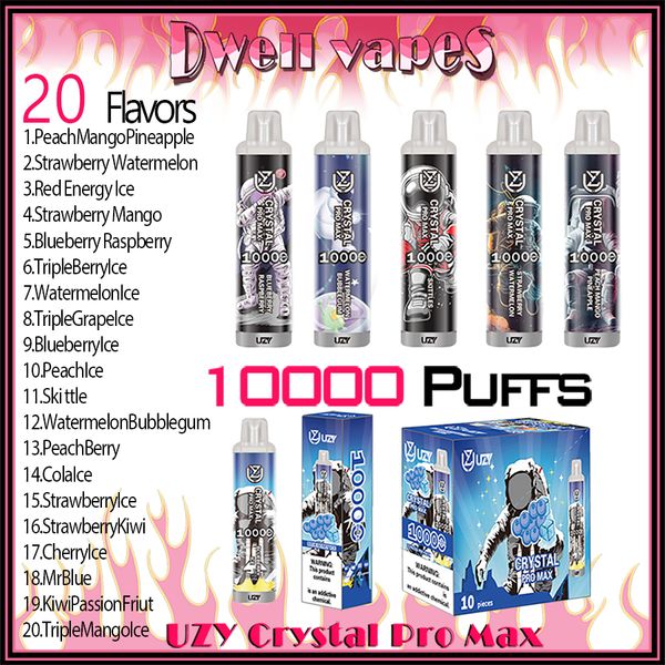 UZY Crystal Pro Max 10000 Puff Cigarettes électroniques jetables 1,2 ohm Bobine de maille 16 ml Batterie de pod rechargeable Cigs électroniques Puff 10K 0% 2% 3% 5% Fabricant de source de stylo vape