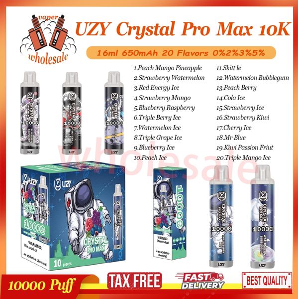 UZY Crystal Pro Max 10000 Puff Stylo Vape Jetable 16ml Pré-rempli 650mAh Batterie Rechargeable Préchargée 0% 2% 3% 5% Niveau Vaporisateur Cigarette