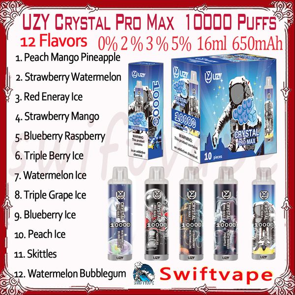 UZY Crystal Pro Max 10000 Puff desechable E Cigarrillo 650mAh Batería recargable 12 sabores 16ml 0% 2% 3% 5% 10k Puffs Vapes Pen Starter Kit Auténtico al por mayor