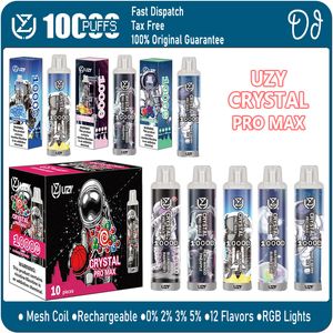 UZY Crystal Pro Max 10000 Puffs Jetable Vape Pen Mesh Coil Rechargeable Puff 10K E Cigarettes Kit 0% 2% 3% 5% Vaper 12 Saveurs LED Lumières de couleur