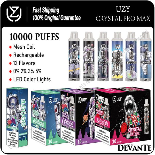 UZY Crystal Pro Max Puff 10000 Bobine de maille de vape jetable rechargeable 10K Puffs E Cigarettes 0% 2% 3% 5% Vaper 12 Vaporisateurs de saveurs