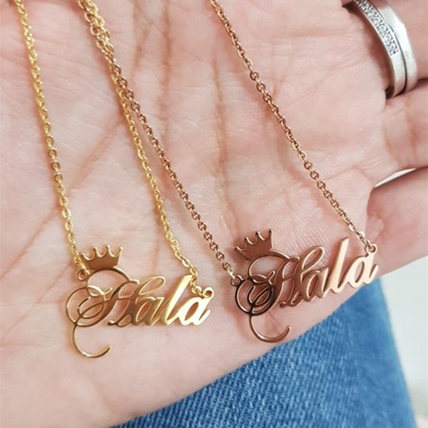 Collar con nombre personalizado para regalo de amigos, joyería BFF para mujer, gargantilla con corona cursiva personalizada para mujer, collar de oro rosa para mujer