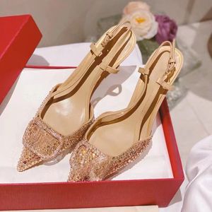 Zapatos de vestir con hebilla en V y diamantes de imitación Slingbacks Sandalias con punta en pico para mujer Tacones altos Verano