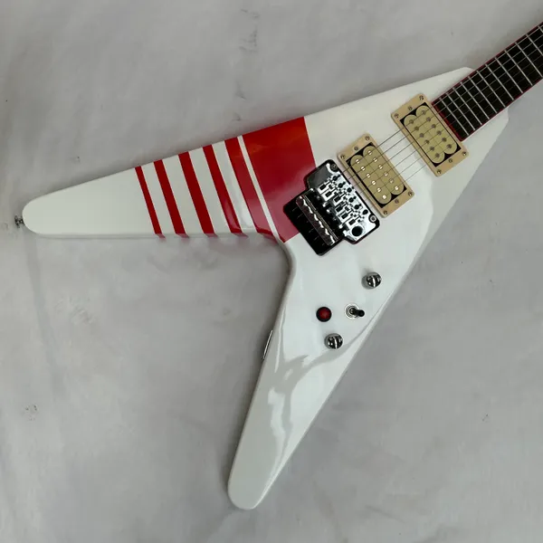 V guitare électrique corps blanc avec bande rouge tête Jaksn livraison gratuite