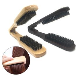 V gevouwen haargrensboar borstel klem geen elektrische detangler haarborstel haren stylinggereedschap dubbele zijde houten omgeving