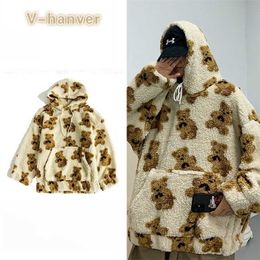 V-hanver kleine beer patroon harige hoodie winter warm pluche zoete truien vrouw vintage Koreaanse stijl losse sweatshirt 211013