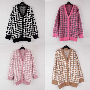 V Meiyangyoung Neck Trithed Cardigans Pull Pink Houndstooth Cardigan Fashion Fashion Automne Oversized Pair 210922