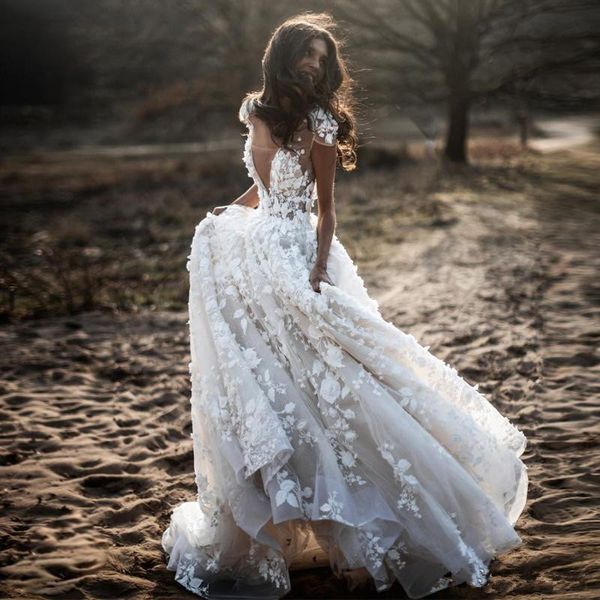 Col en V 3D dentelle Bohême robes de mariée mancherons froncé dos nu balayage train pays en plein air plage robes de mariée BC12042