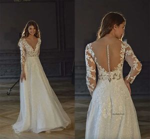 Vinon appliquée en V A robes de mariée en ligne avec manches longues à paillettes à paillettes brillantes