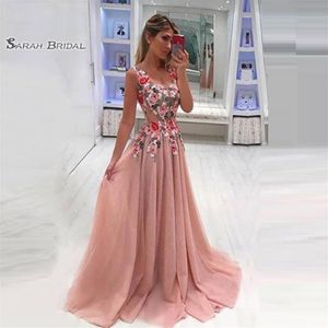 Apliques con cuello en V Sweep Pink Prom Dresses Vestidos De Festa Evening Wear En Stock s High-end Ocasión Dress207r