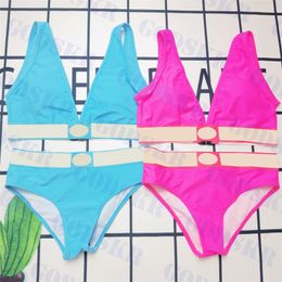 Conjunto de bikini con cuello en V Traje de baño con estampado dorado para mujer Traje de baño dividido para mujer azul rosa