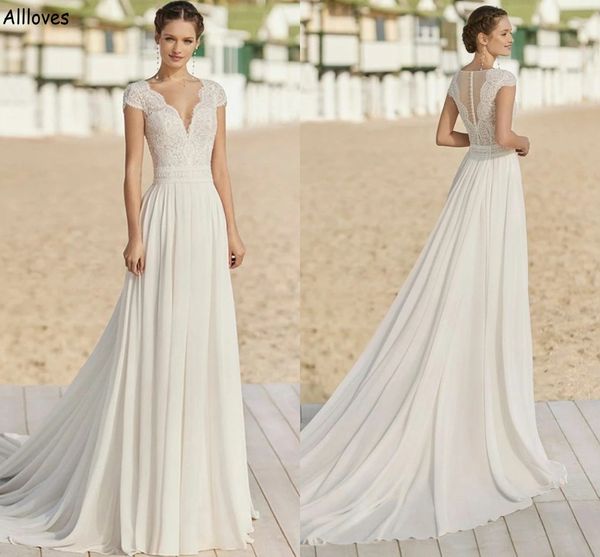 Col en V Boho plage une ligne robes de mariée manches courtes charmante en mousseline de soie dentelle robes de mariée de maternité boutons dos balayage train robe de soirée de réception pour la mariée CL2080