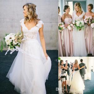 V-hals Boho Beach Country Trouwjurken Een Lijn Kant Rustieke Bruidsjurken Backless Bohemian Bridal Jurken Vestidos de Novia Capped Mouw