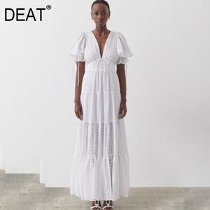 V-hals bubble korte mouw massief wit sexy open rug lace-up geborduurde maxi jurken voor vrouwen zomer gx454 210421