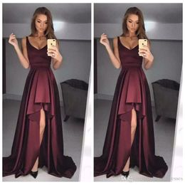 V-Neck Bury Sexy Prom Dresses A-Line High Low Formal Custom Mouwess Sweep Train Geplooide Ruched Evening Party Jurken Cheap 0420