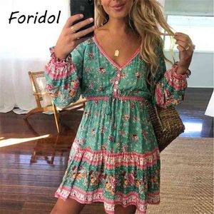 V-hals Button Up Lange Mouw Boheemse Jurk Dames Floral Print Boho Casual Katoen Short Beach Holiday 210427