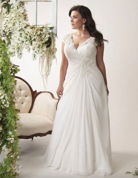 Col en v Cap Manches Grande Taille Robes De Mariée En Mousseline De Soie Appliqué Dentelle Dos Ouvert Drapé Côté Ruché Corsage Robe De Mariée