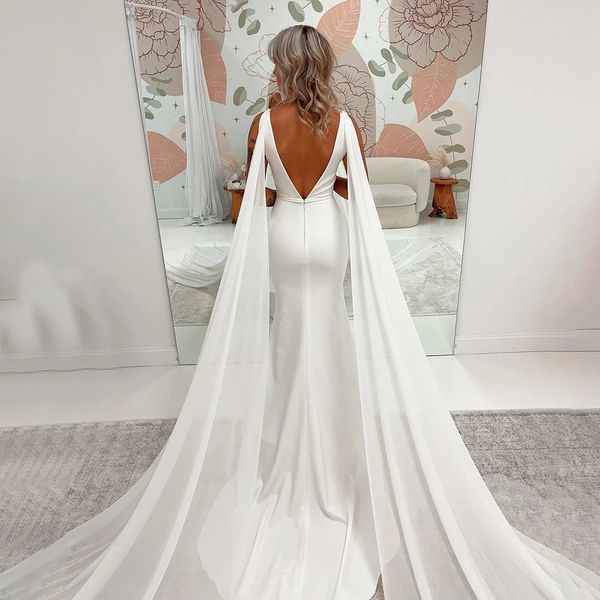 Robe de mariée en crêpe à col en V 2024 ailes d'épaule en mousseline de soie détachables ceinture sur mesure simple col en V dos nu robes de mariée en satin robes de Noiva