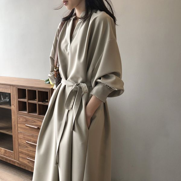 Robe col en V pour femme au tempérament élégant et jupe longue à lacets