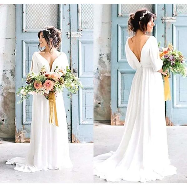 Robes de cou en V sexy sans dos grec robe de mariage Bohemian Beach Bride avec manches robe de mariée country