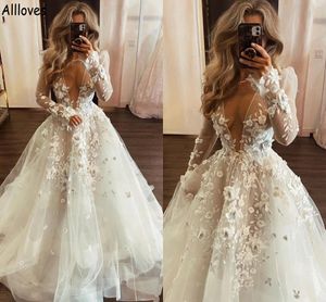 V Neck Floral Lace A Line Wedding Vestidos con mangas largas Sexy Ver a trav￩s de vestidos de novia de Bridal ASO ASO APLICADO