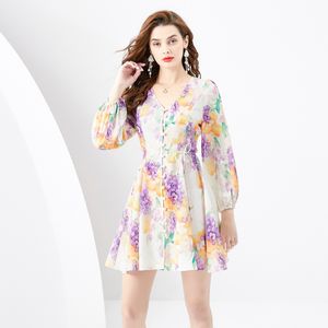 Mini robe en V Floral pour les fêtes de la piste designer femmes vintage bouton à imprimé broute de chemises