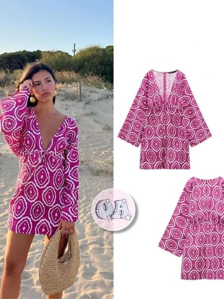 Col en V imprimé floral coupe ample adapté aux femmes avec manches moelleuses et longueur cheville Maxi Vesidos robe de vacances décontractée pour les déplacements 240322