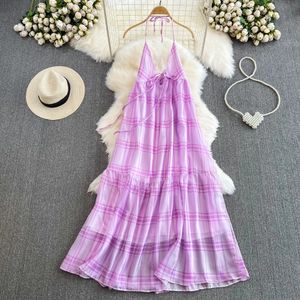 Lange jurk met V-hals, hangende nekband, zomer Dopamine strandvakantie, rugloze taille, slanke A-lijn jurk met ruches