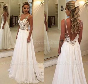 Col en V dentelle une ligne Bohême robes de mariée en mousseline de soie Applique dos nu balayage train été plage mariage robe de mariée robe de mariage BC0875