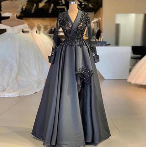 V Nek kanten avondjurken vintage pure pure mouwen satijnen formele prom -jurken Arabisch plus size feest optocht beroemdheid jurk