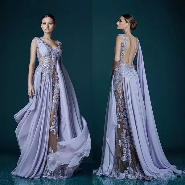 Robes de soirée longues lavande à col en V avec appliques enveloppantes robe de célébrité dos nu transparente robes de soirée 2018 superbe robe de bal longue en mousseline de soie