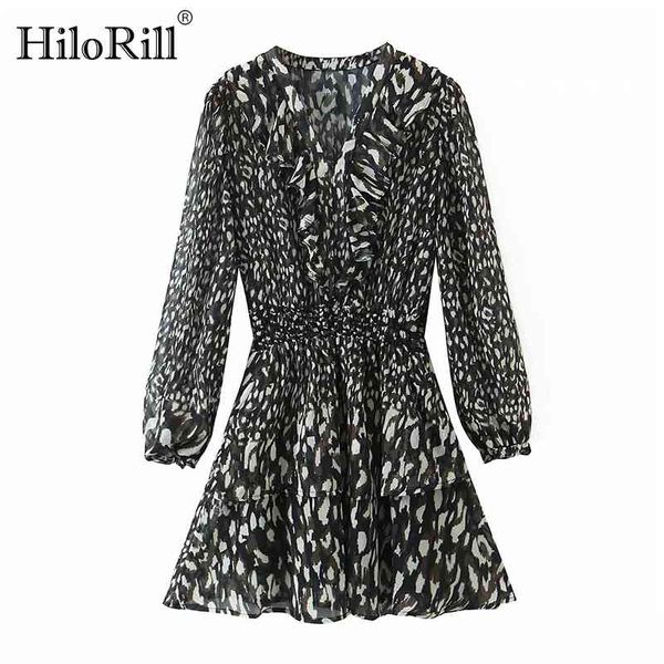 V cuello leopardo mini vestido volantes manga larga bud mujeres animal impresión gasa una línea sundress lady sukienka 210508