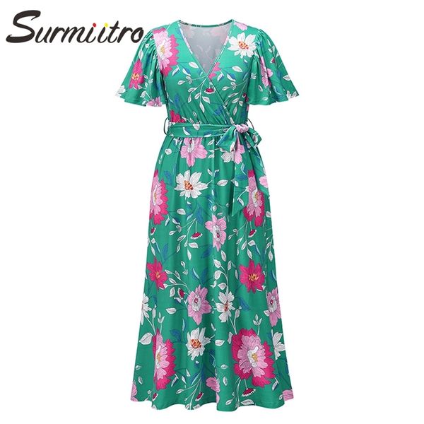 Vestido largo de verano con cuello en V para mujer, moda corta, manga de mariposa, estampado floral, túnica, fiesta en la playa, Midi, vestido femenino 210421