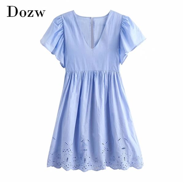 Vestido azul de algodón suelto con cuello en V, vestido acampanado de verano de manga corta bordado, minivestido informal plisado para mujer, bata de mujer 210515