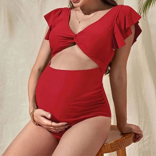 V Neck Maternity Swimsuit Nylon Solid Color One Piece Traje de baño recortado Embarazo Canfado Rushbed Swimwear 240522
