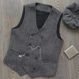 Gilets de costume à col en V pour hommes, gilet en laine Tweed à chevrons, Double boutonnage, smoking pour garçons d'honneur pour mariage, 240104