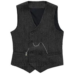 Gilets de costume à col en V pour hommes, gilet en laine Tweed à chevrons, Double boutonnage, smoking pour garçons d'honneur pour mariage, 240105