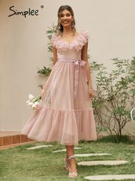 Col en v maille à pois été tulle robe de soirée femmes dos nu rose à volants robes sans manches élégant ceinture maxi vestido 220418