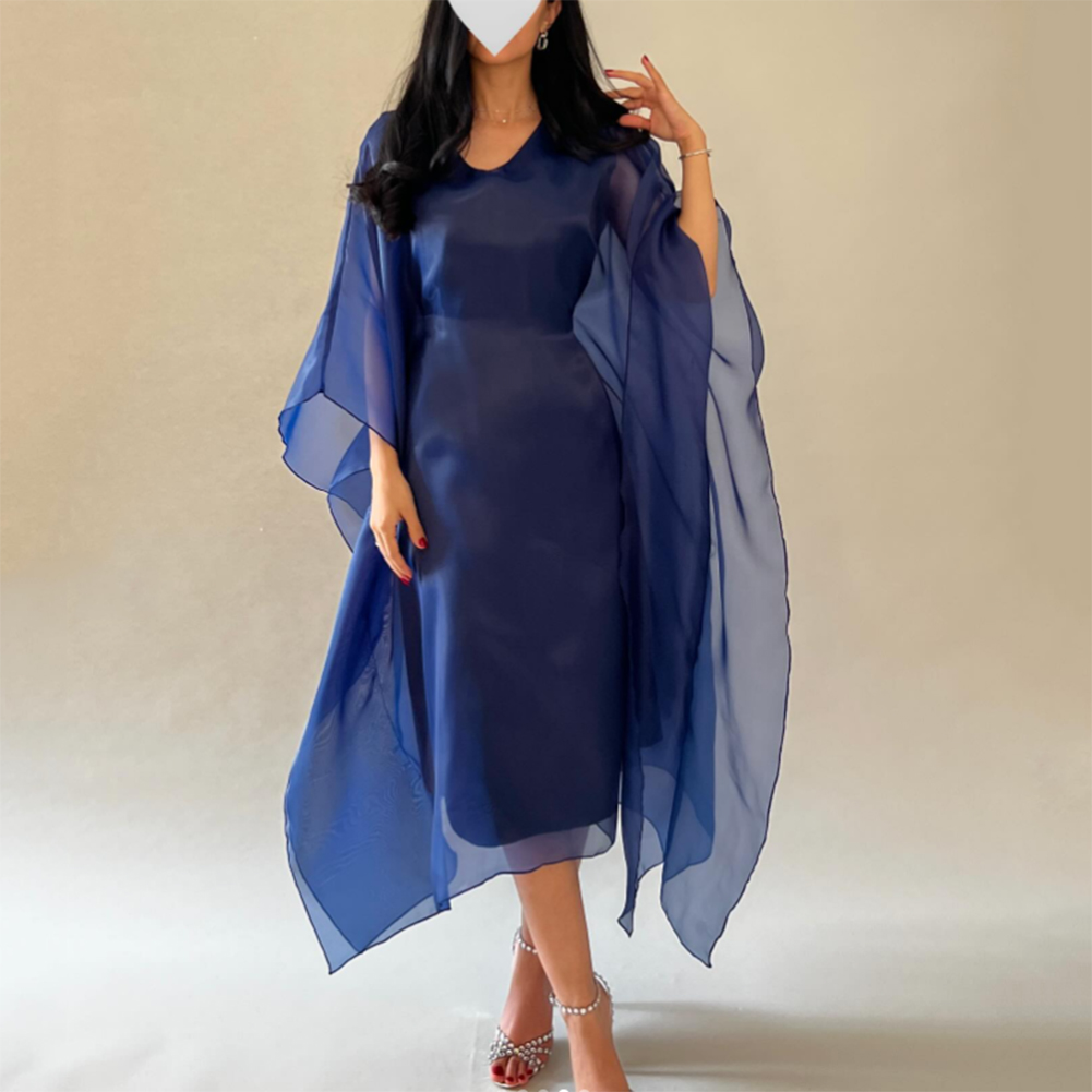 V Neck Navy Blue Mante Afton Dress Långärmning Tulle Formell fest Prom Gown for Women