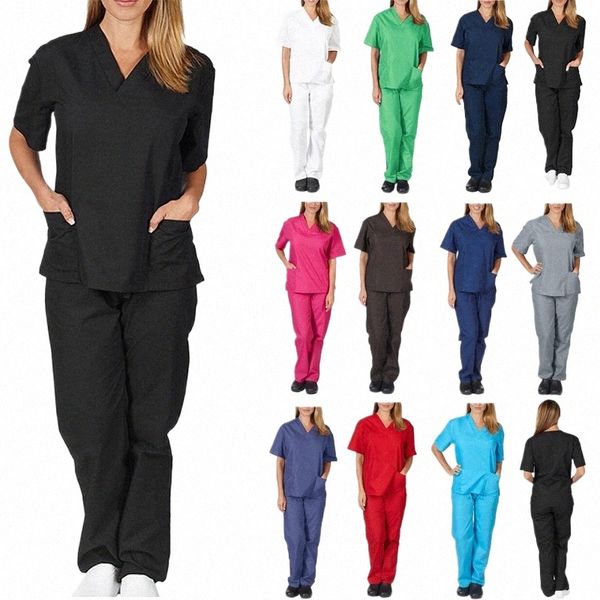 Con cuello en v Enfermería Scrub Uniformes Sal Spa Pet Grooming Instituti Ropa de trabajo Color sólido Manga corta Tops Pantalones Trajes médicos 47CY #