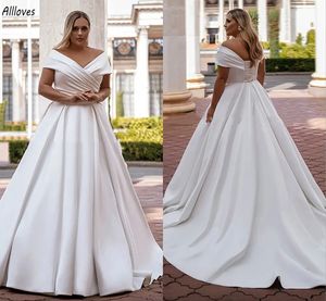 V cou sur l'épaule une ligne robes de mariée simple satin blanc satin élégant robes nuptiales jardin boho plus vestidos de novia de balay