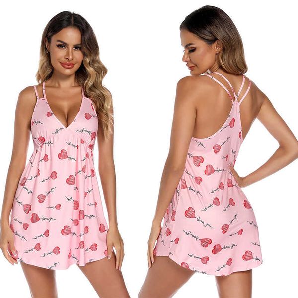 V-collier rose coeurs lisse babydoll chemise bamboue femmes pyjamas lingerie sexy pour chemise de nuit camisole