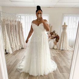 V-hals Plus Size Trouwjurken 2022 Off The Shoulder Kant Applique Tule Backless Bruidsjurken Custom Made Robe de Mariée