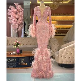 V-neck prom vingers zeemeermin jurken pailletten prachtige mouwen parelparels kant tule vloer lengte ritssluiting op maat gemaakte formele feestkledingvestido de nooite