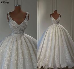 V couche de la jupe gonflée robe de mariée ballonne de bal de balle luxueuse paillettes en dentelle princesse église de mariage robes nues plus taille maternité dubai vestidos de novia CL2855