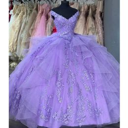 V-hals Quinceanera Lavendel Prinses Off Schouder Kant Applicaties Crystal Baljurk Sweet 16 Jurken Vestidos De 15