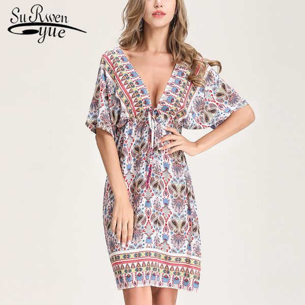 Escote en V sexy sin espalda Vestido de línea A Estilo bohemio Vacaciones en la playa Ropa de mujer Mujer verano 3841 50 210521