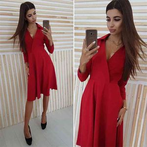 V-hals sexy jurk casual effen lange mouw dames slanke elegante herfst winter knie lengte party es vrouwelijke shirt rood 210507