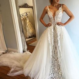 V Nek sexy kant zeemeermin jurken bruidsjurken overskirts plus size op maat gemaakte bruiloft vestidos estidos estidos